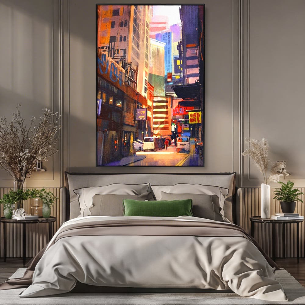 Tablou canvas cu pictura digitala cu strazi inguste, in rama de aluminiu negru, pe perete intr-un dormitor